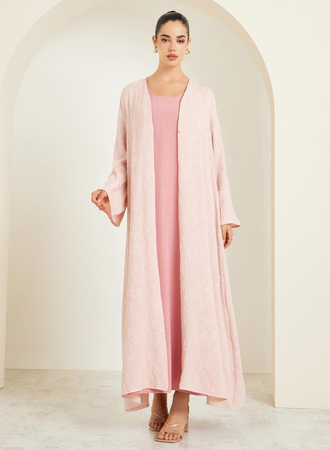Amirah Women Pink Jacquard Open Front Abaya - Image 3